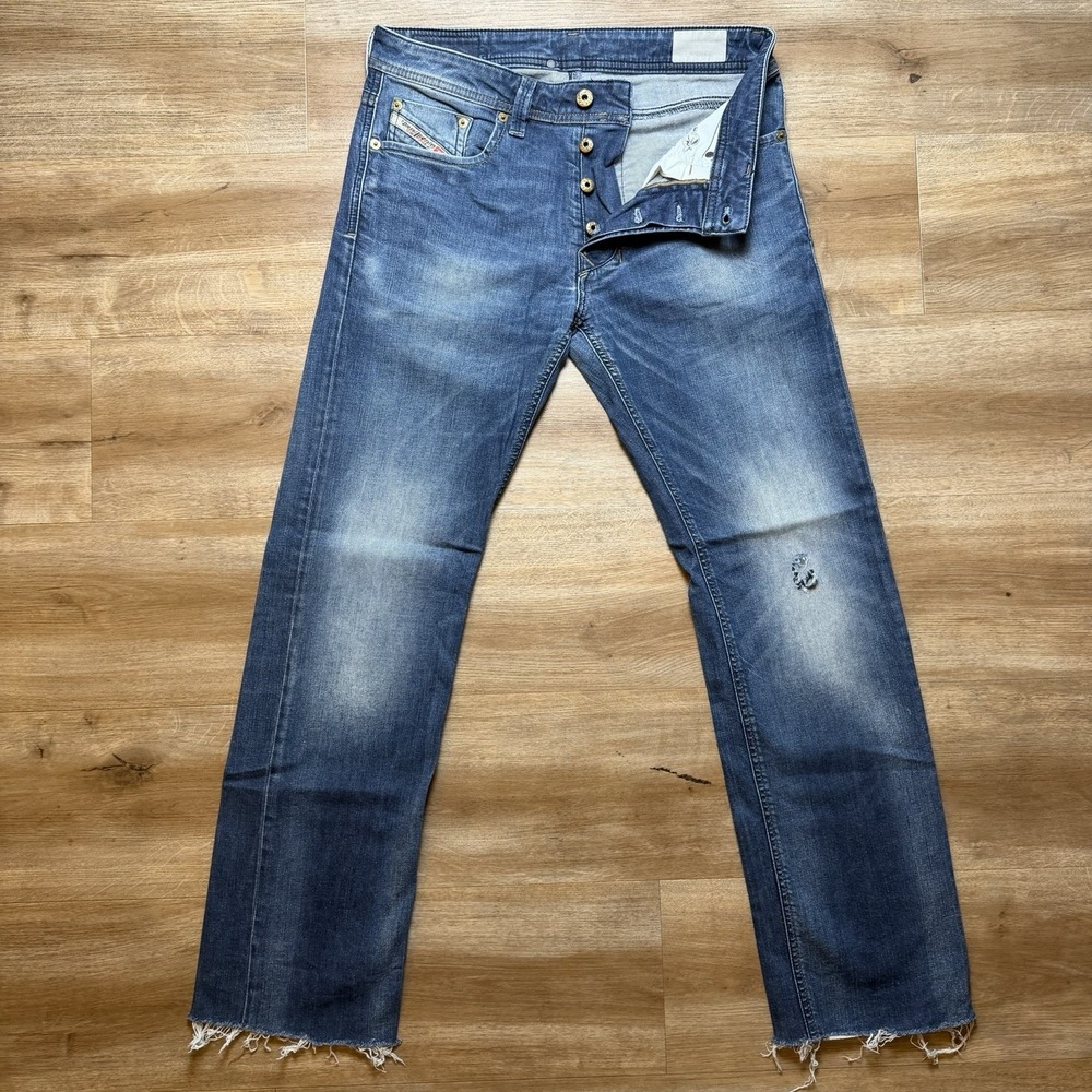 Diesel Larkee Jeans Men 29x30 Blue Straight Leg Stretch Contrast Raw Hem 0853R